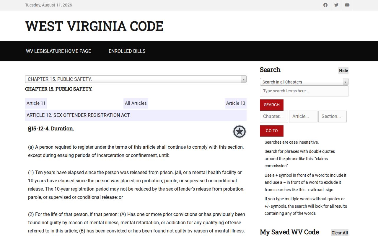 West Virginia duration law for Tucker County sex offender records